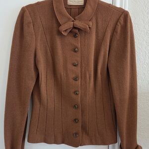 Vintage Brown Wool Blazer With Bow And Buttons
